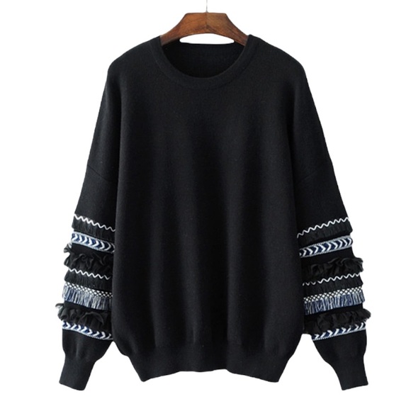 Urban Outfitters Sweaters - Urban Outfitters Black Crewneck Sweater With Fringe Detail on Sleeves